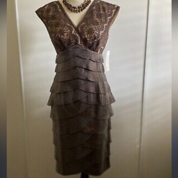 Adrianna Papell Brown Embroidered Floral Overlay Top Shimmer Tiered Dress NWT 6 - Picture 3 of 15